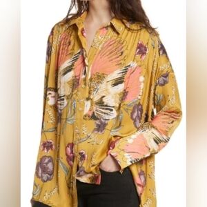 Free People Silky Nights Oversized Button Shirt Mustard Yellow Floral print XS